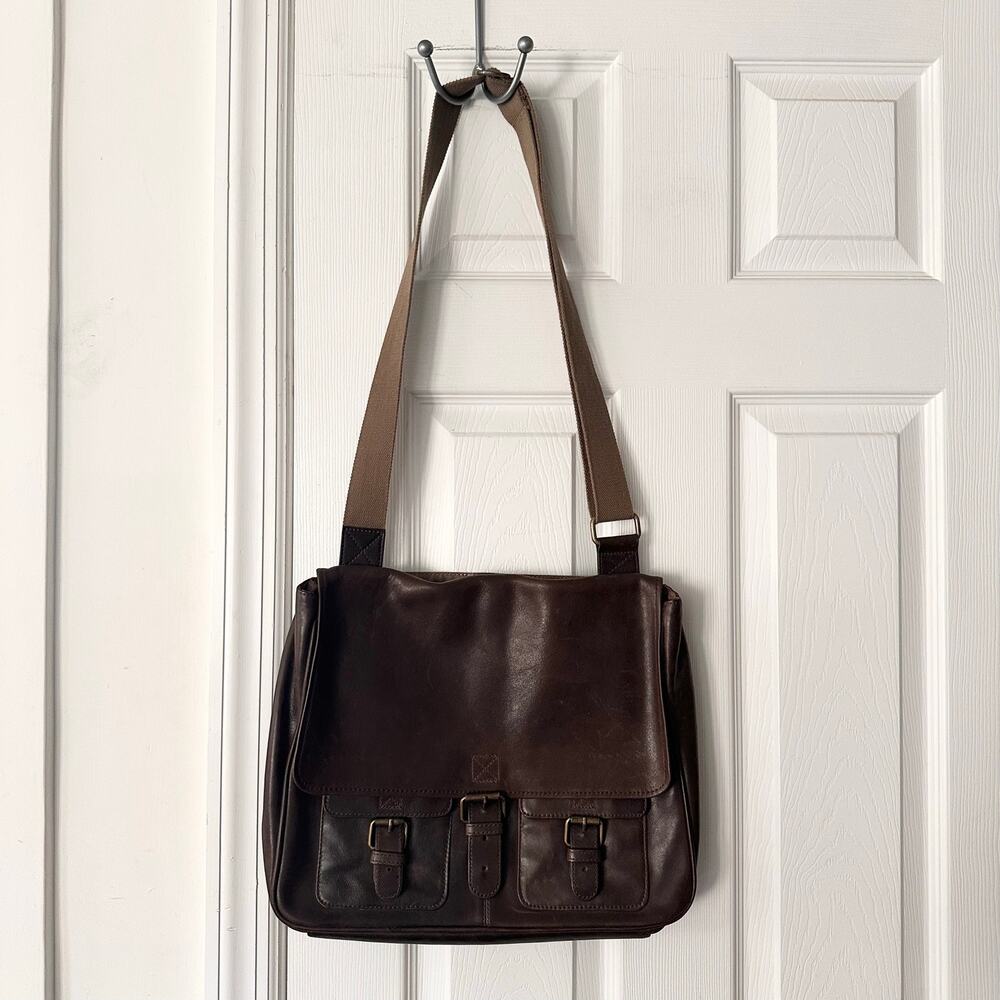 Perry Ellis Portfolio Vintage Soft Brown Leather Canvas Strap Messenger Bag Men
